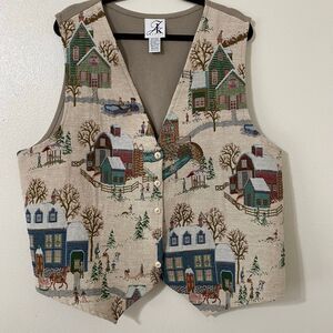 Vintage 90s Novelty Tapestry Farm Cottagecore Grandpacore Country Vest 22/24